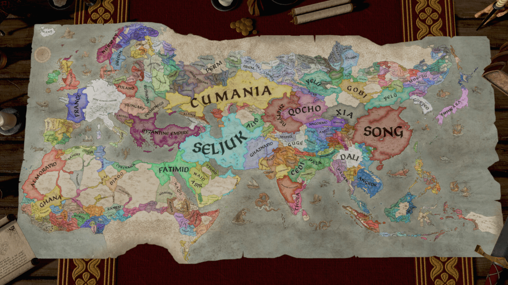 A detailed historical map showing various regions and kingdoms of Europe and Asia, with colourful labels for locations such as Cumania, Seljuk, Song, and others.