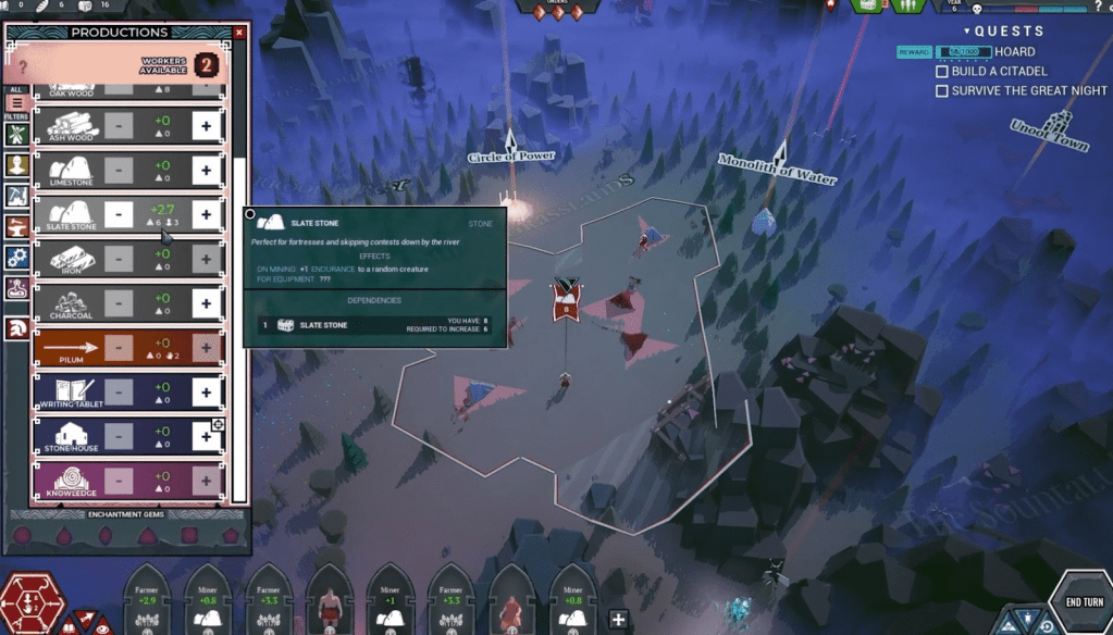 A screenshot from the game Colossal Citadels showcasing the productions menu, resource types, and a strategic map with various icons and quests in a fantasy setting.