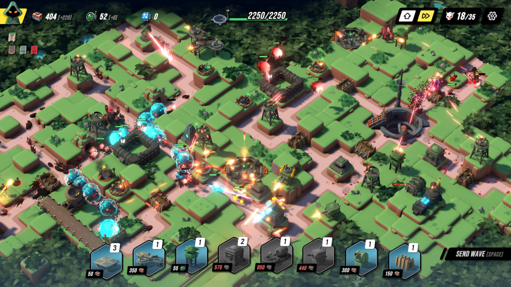 A top-down view of a strategy game battlefield featuring green terrain, various structures, and animated attacks. Towers and defenses are strategically placed, with projectiles and explosions occurring across the map.
