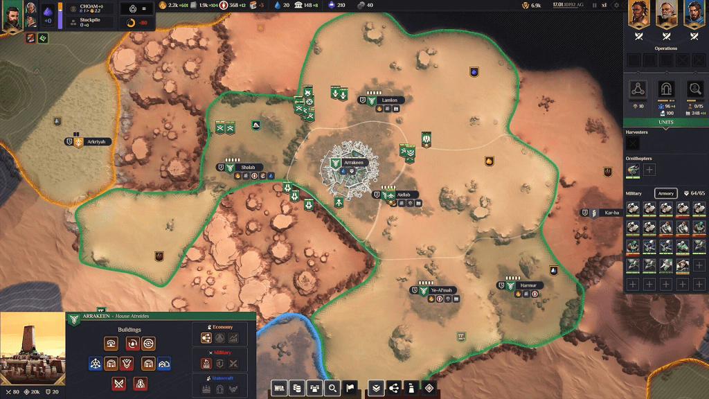 A strategic map from a video game display, showcasing various territories and buildings with icons indicating military units and resources. The landscape features desert environments with marked locations and a central settlement.
