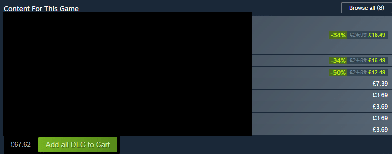 Image showing a digital storefront for downloadable content (DLC) for a game, including prices and discounts on various items. A prominent button to add all DLC to the cart is visible, along with total price information.