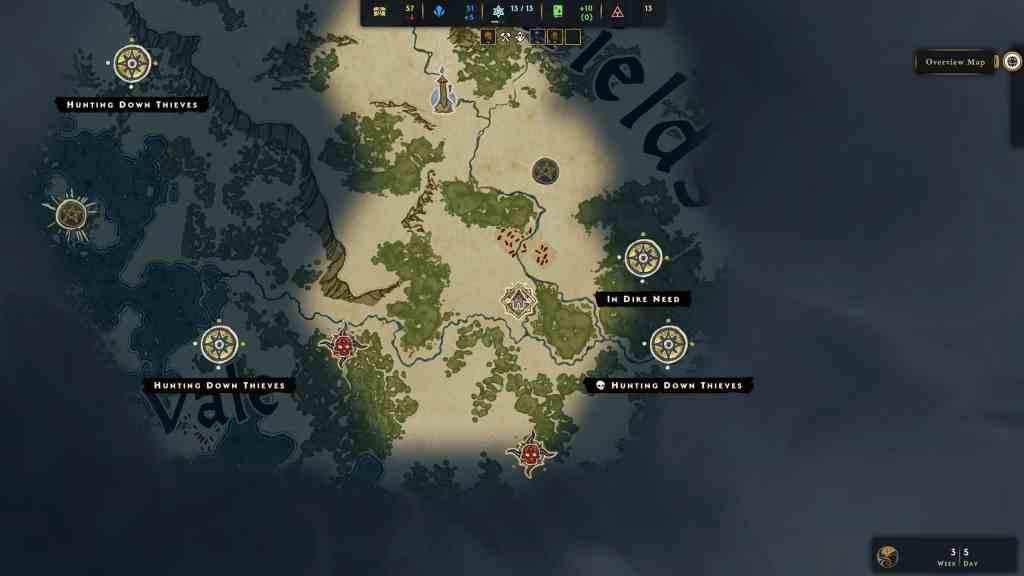 A map showcasing various locations marked with quests, including 'Hunting Down Thieves' and 'In Dire Need,' set in a forested landscape with geographical features.