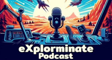 Colourful graphic depicting a podcast microphone at the centre, surrounded by futuristic devices and a scenic alien landscape, with spacecraft in the sky and the title 'eXplorminate Podcast' at the bottom.